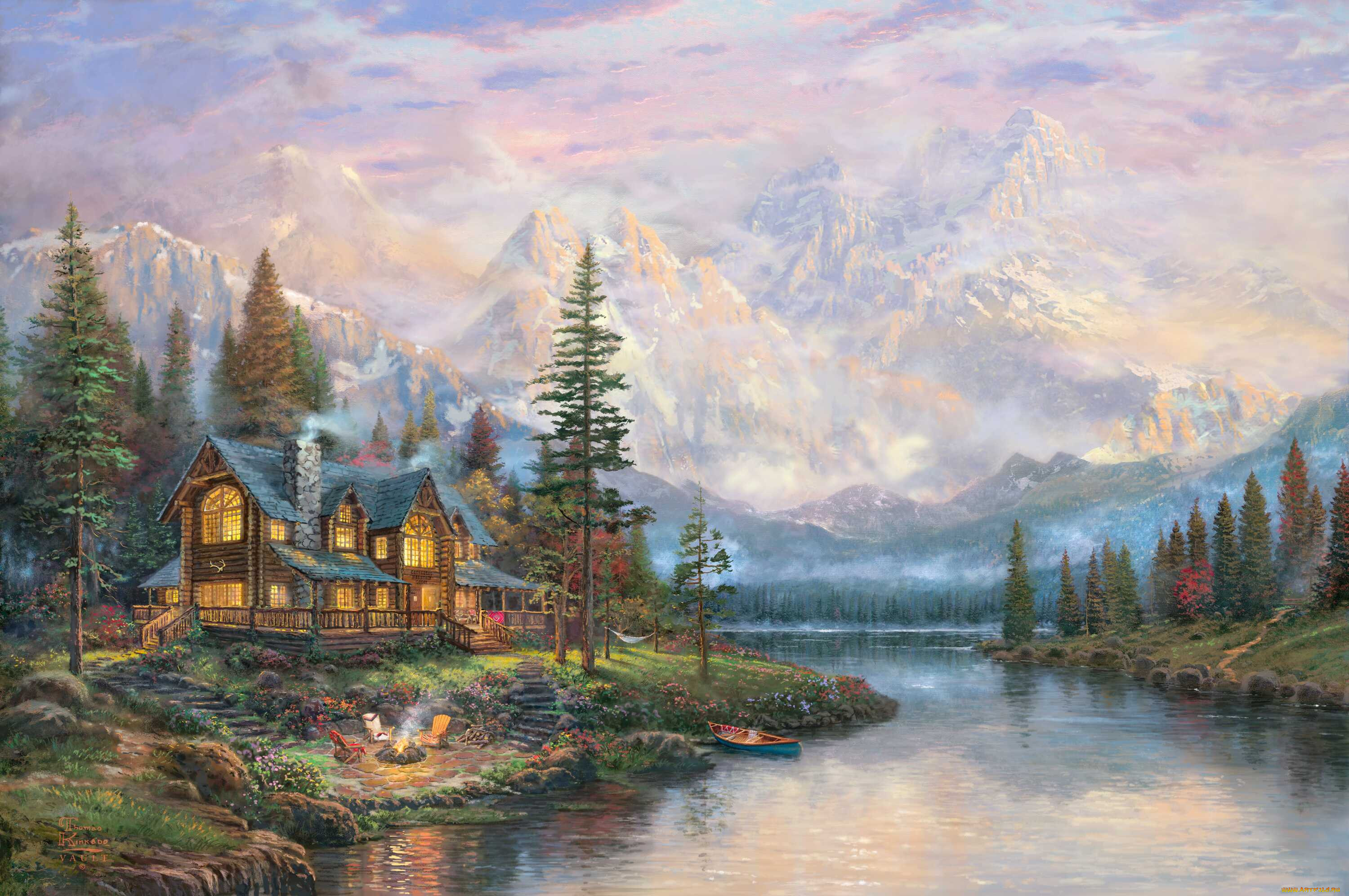 Best painting. Томас Кинкаде живопись горы. Кинкейд Томас. Дом у горного озера. Thomas Kinkade Cathedral Mountain Lodge. Томас Кинкейд картина дом у озера.